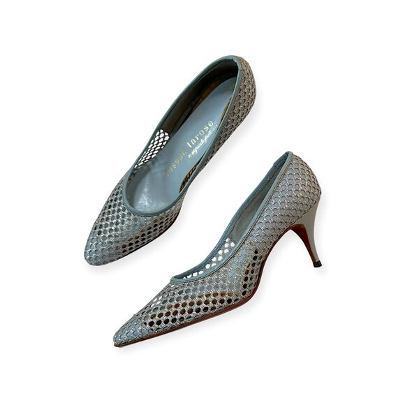 1960s Vintage Deadstock Joseph LaRose Mesh Kitten Heels  7 AA Blue Silver, USA - Picture 1 of 11